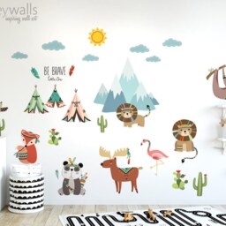 Tribal Animals Wall Decal, Mountain Teepee Panda Lion Deer Fox Owl Cactus Nursery Decor - thumbnail 2