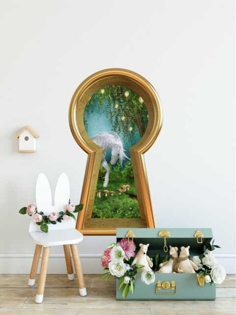 3D Keyhole Fabric Wall Decal - Unicorn in Enchanted Lantern Tree Mushroom Forest 3D Sticker Wonderland Removable - image 1