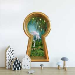 3D Keyhole Fabric Wall Decal - Unicorn in Enchanted Lantern Tree Mushroom Forest 3D Sticker Wonderland Removable - thumbnail 2