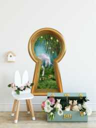 3D Keyhole Fabric Wall Decal - Unicorn in Enchanted Lantern Tree Mushroom Forest 3D Sticker Wonderland Removable