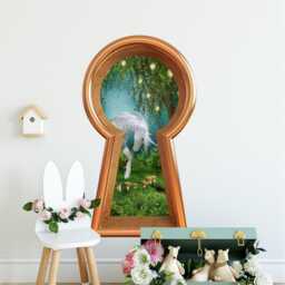 3D Keyhole Fabric Wall Decal - Unicorn in Enchanted Lantern Tree Mushroom Forest 3D Sticker Wonderland Removable - thumbnail 3