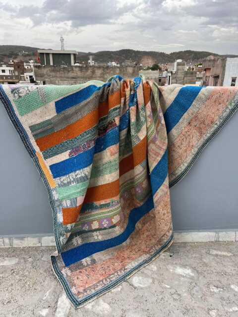 Bohemian Vintage Kantha Quilt Reversible Patchwork Block Print Cotton Throw Blanket - image 1