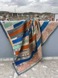 Bohemian Vintage Kantha Quilt Reversible Patchwork Block Print Cotton Throw Blanket - thumbnail 1
