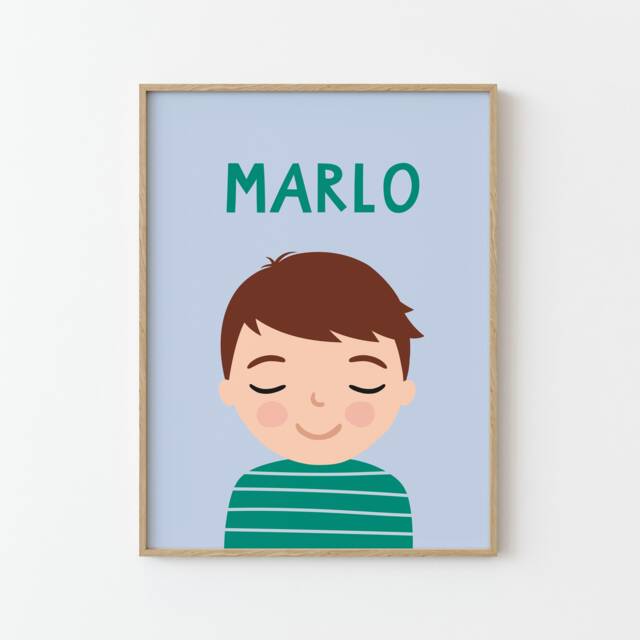 Personalized Portrait Boy With Brown Hair - Blue Green Illustration Poster For Kids Wall Decor Children's Room Nursery - image 1