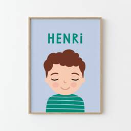 Personalized Portrait Boy With Brown Hair - Blue Green Illustration Poster For Kids Wall Decor Children's Room Nursery - thumbnail 2