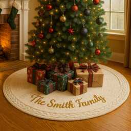 "Personalized Knitted Christmas Tree Skirt With Name - Custom Embroidered Red Holiday Decor Family Xmas Gift- 48""/36""/24" - thumbnail 1
