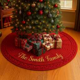"Personalized Knitted Christmas Tree Skirt With Name - Custom Embroidered Red Holiday Decor Family Xmas Gift- 48""/36""/24" - thumbnail 3
