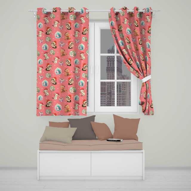 Cute Christmas Cat Teddy Bear Baubles On Coral Pink Background Seamless Pattern Readymade Eyelet Ring Top Thermal 100% Blackout Curtains - image 1