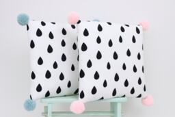 Pom Pillow, Monochrome Scandinavian Cushion With Poms, Black & White Nordic Minimalist Pillow - thumbnail 1