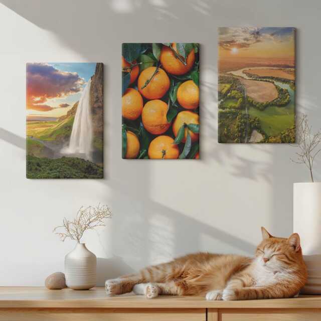Canvas Art Set Of 3 - Waterfall Mountain Oranges Italian Landscape With Sunset, Orange Wall Large, Landscapes Decor - image 1