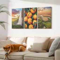 Canvas Art Set Of 3 - Waterfall Mountain Oranges Italian Landscape With Sunset, Orange Wall Large, Landscapes Decor - thumbnail 2