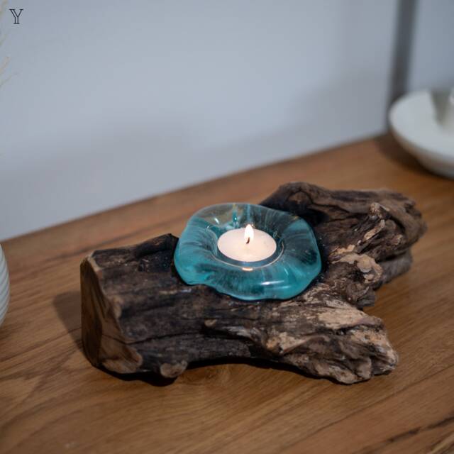 Driftwood Melted Glass Tealight Holders Molten Wooden Decor Rustic Recycled Eco Friendly Reclaimed Wood Farmhouse - image 1