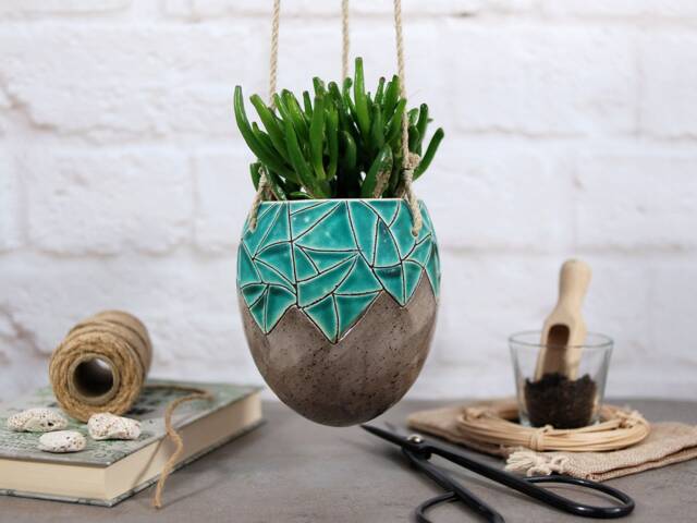 Speckled Blue Ceramic Hanging Planter Modern Indoor Outdoor Decor - image 1