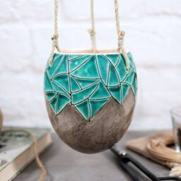Speckled Blue Ceramic Hanging Planter Modern Indoor Outdoor Decor - thumbnail 3