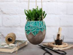 Speckled Blue Ceramic Hanging Planter Modern Indoor Outdoor Decor - thumbnail 1