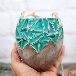 Speckled Blue Ceramic Hanging Planter Modern Indoor Outdoor Decor - thumbnail 2