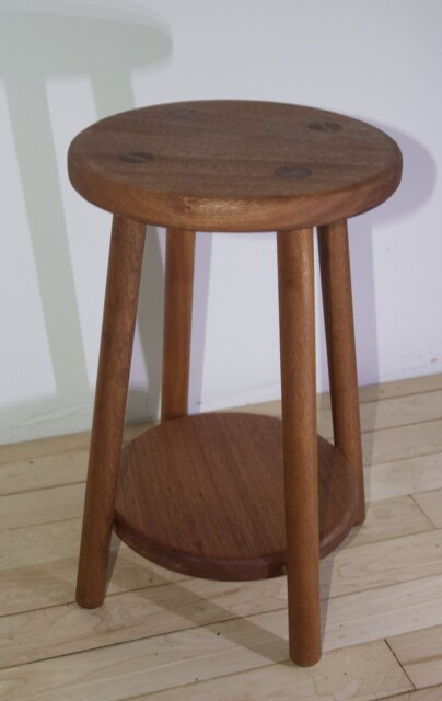 Round Sapele Mahogany Side Table With Shelf, Visible Wedge Tenon Joints - image 1