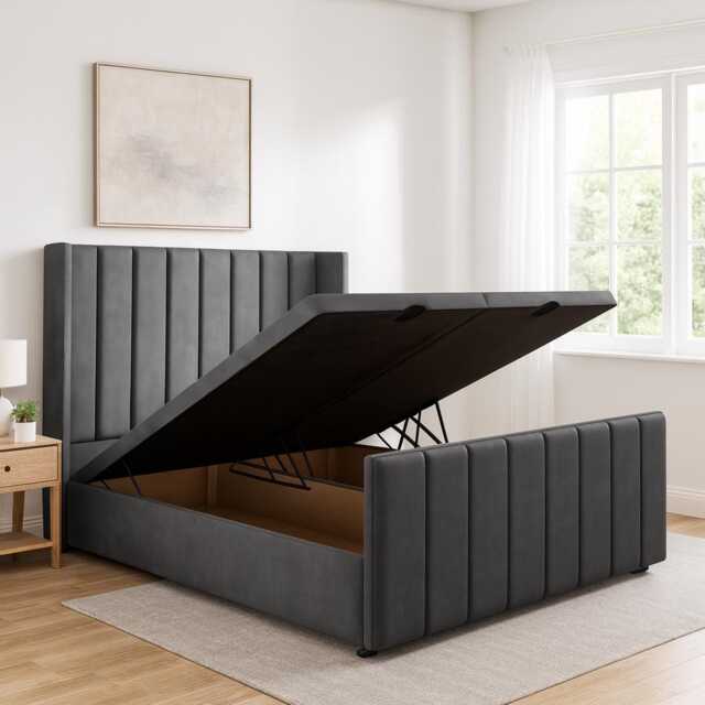 Plush Velvet Ottoman Bed - Wingback Headboard, Lift-Up Storage - image 1