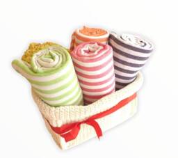 Set Of 4 Turkish Cotton Towels Striped Peshtemal Bath & Beach Towels, Green, Red, Light Brown, Purple