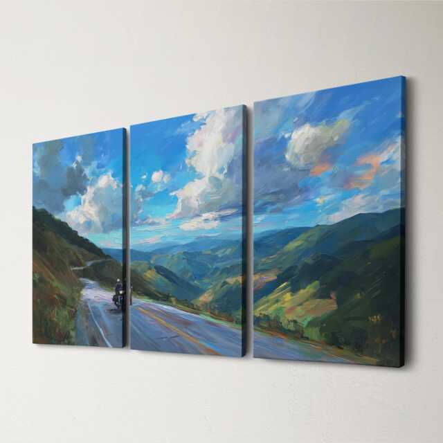 Motorcycle Mountain Pass 3 Panel Split Canvas Wall Art Scenic Road & Sky Oil Painting Framed Home Biker Adventure Decor Gift - image 1