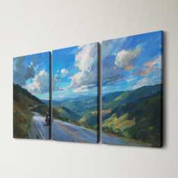 Motorcycle Mountain Pass 3 Panel Split Canvas Wall Art Scenic Road & Sky Oil Painting Framed Home Biker Adventure Decor Gift - thumbnail 1