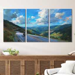 Motorcycle Mountain Pass 3 Panel Split Canvas Wall Art Scenic Road & Sky Oil Painting Framed Home Biker Adventure Decor Gift - thumbnail 2