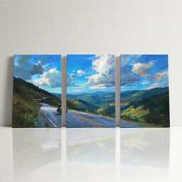 Motorcycle Mountain Pass 3 Panel Split Canvas Wall Art Scenic Road & Sky Oil Painting Framed Home Biker Adventure Decor Gift - thumbnail 3