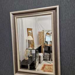 Mordern Curved Desing Frame Wall Mirror Silver Painted Wood Bevelled Edge Glass Rectangular Home Interior Decor Made in UK - thumbnail 3