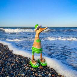 Running Duck With Hat & Flip Flops in A Green White Striped Swimsuit 25 cm High - thumbnail 3