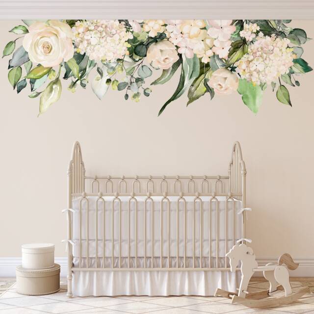 Floral Nursery Wall Decal Rose Garden - Removable Cream Beige Peonies Blooms Mural Watercolor Flowers Blossoms Vinyl & Fabric Decals - image 1