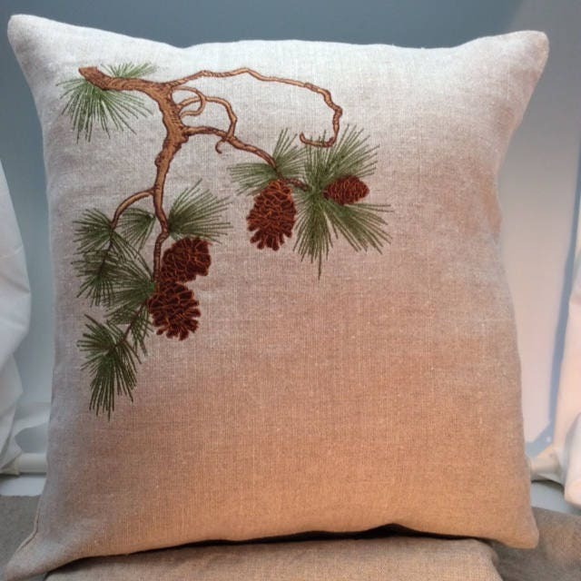 Pine Branch Design Pillow Arts & Crafts Pinecones Needles Tree Craftsman Bungalow Embroidered Pillows - image 1