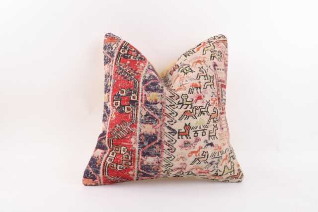 Vintage Turkish Kilim Pillow Cover Handwoven Wool Cushion, 16x16 - image 1