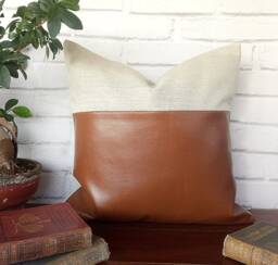 Cognac Faux Leather & Linen Pillow Cover Modern Home Decor - thumbnail 1