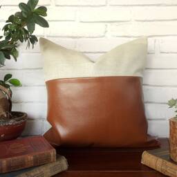 Cognac Faux Leather & Linen Pillow Cover Modern Home Decor - thumbnail 2