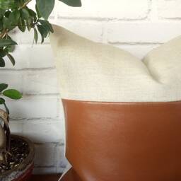Cognac Faux Leather & Linen Pillow Cover Modern Home Decor - thumbnail 3