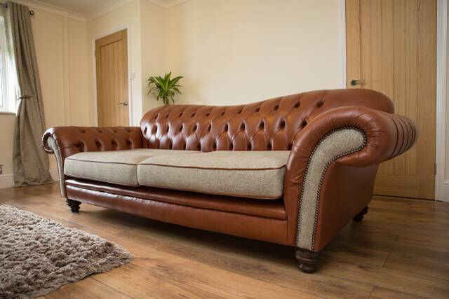 3 Seater Vintage Mottled Tan Leather Chesterfield Sofa, Wheat Herringbone Wool, British Handmade - image 1