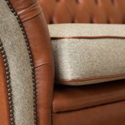 3 Seater Vintage Mottled Tan Leather Chesterfield Sofa, Wheat Herringbone Wool, British Handmade - thumbnail 4