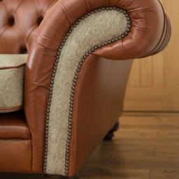 3 Seater Vintage Mottled Tan Leather Chesterfield Sofa, Wheat Herringbone Wool, British Handmade - thumbnail 3