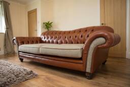 3 Seater Vintage Mottled Tan Leather Chesterfield Sofa, Wheat Herringbone Wool, British Handmade