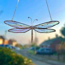 stained Glass Dragonfly Suncatcher Handmade - Birthday Gift Iridescent Butterfly Gardeners Gifts Nature & Insect Decor - thumbnail 2