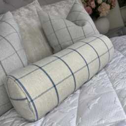 Handmade Tartan Check Bolster Cushion, Grey Blue, Rustic Home Decor - thumbnail 4