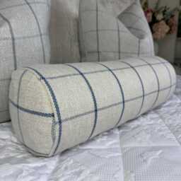 Handmade Tartan Check Bolster Cushion, Grey Blue, Rustic Home Decor
