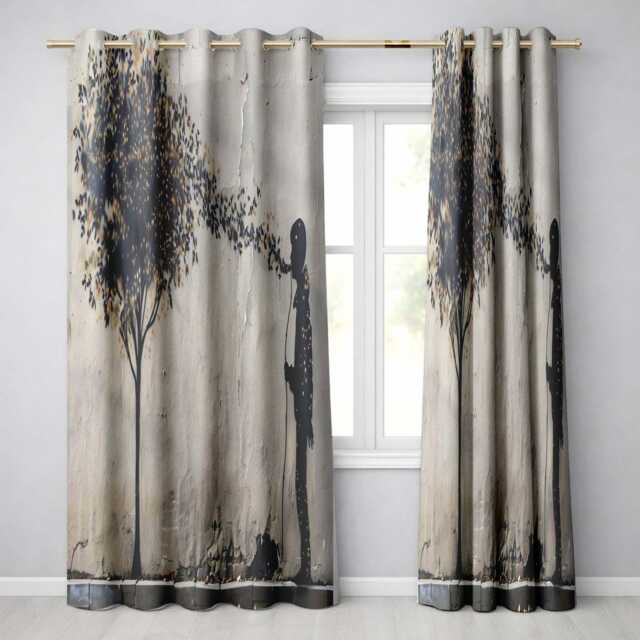 Child Blowing Leaves Into Tree Silhouette Bold Distinctive Artwork For Home Decor Readymade Eyelet Ring Top Thermal 100% Blackout Curtains - image 1