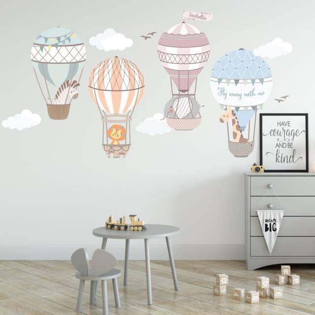 Hot Air Balloons Wall Stickers Custom Name Nursery Decals Children Room Decor Animals Art