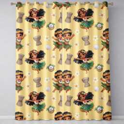 Cute Hula Girl Yellow Background Tropical Flowers Coconut Seamless Pattern Readymade Eyelet Ring Top Thermal 100% Blackout Curtains - thumbnail 2