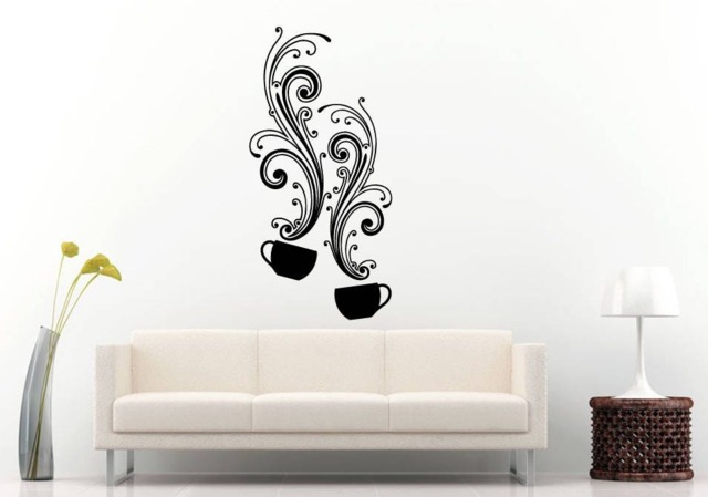 Two Coffee Cup Mug Shop Breakfast Morning Drink Flowers Pattern Wall Sticker Decal Vinyl Mural Decor Art L2284 - image 1