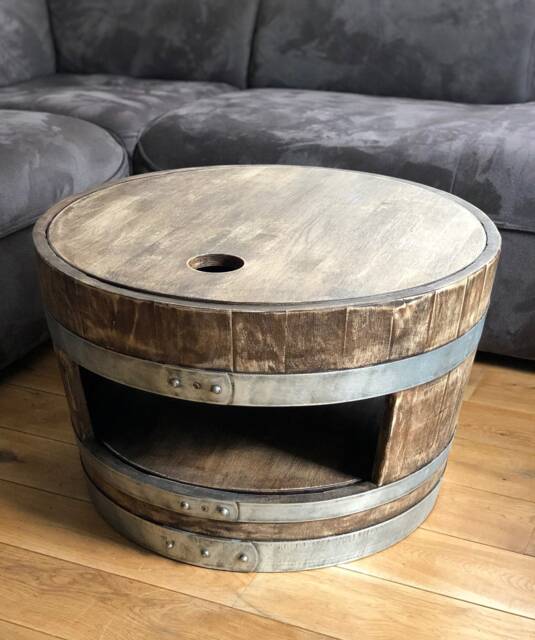 Wine Barrel Coffee Table With Wooden Lid & Shelf Whiskey Look - image 1