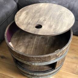Wine Barrel Coffee Table With Wooden Lid & Shelf Whiskey Look - thumbnail 2