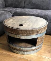 Wine Barrel Coffee Table With Wooden Lid & Shelf Whiskey Look