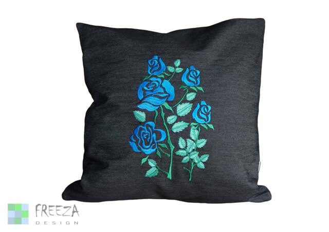 Embroidered Blue Roses Denim Pillow Case Handmade Eco-Friendly Cotton Graphite - image 1